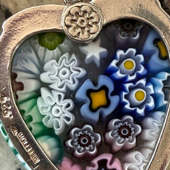 Vintage 925 Millefiori Heart Pendant Necklace Sterling Italy Glass Alan K Signed - Picture 15 of 15